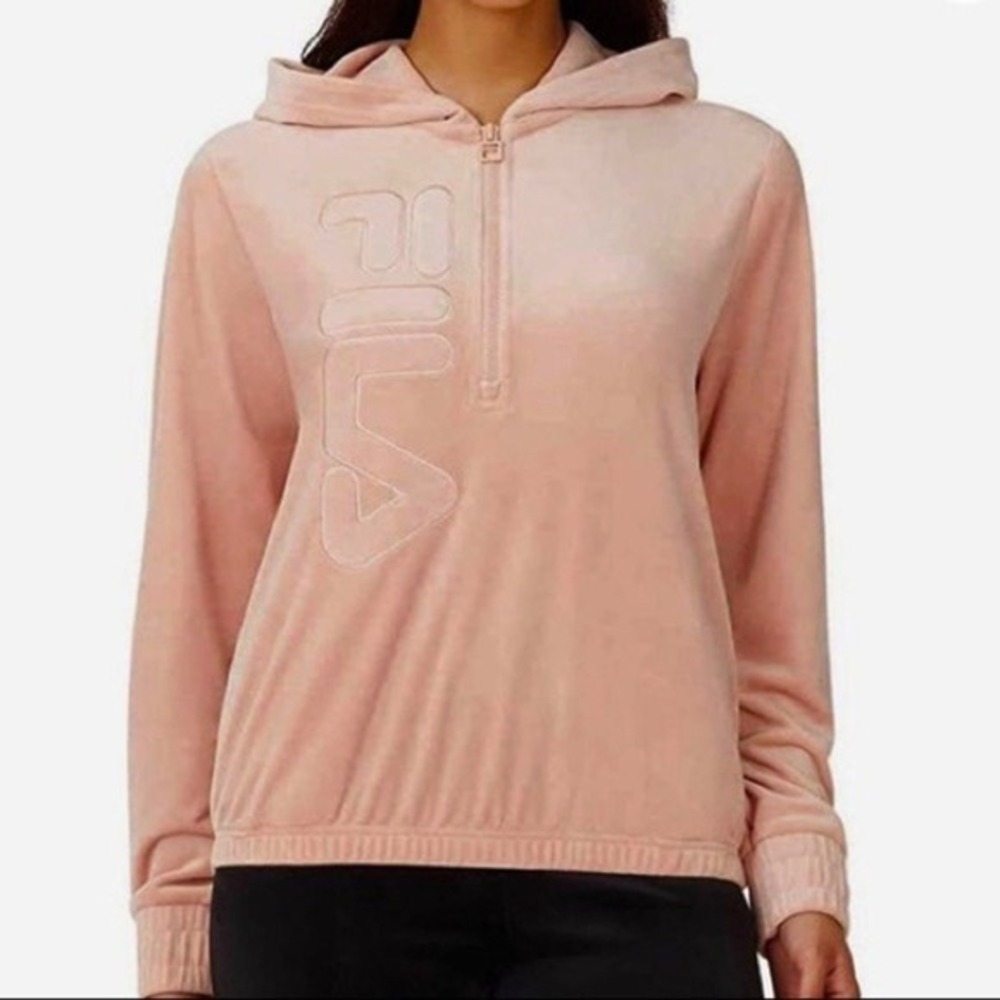 FILA Velour Quarter Zip Hoodie Pullover Pink Womens Size XL‎